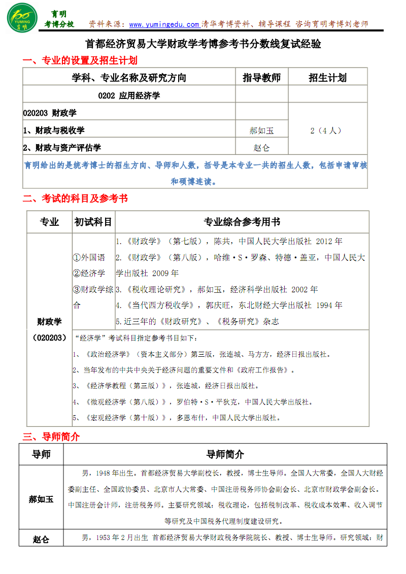 首都经济贸易大学财政学考博备考全攻略 参考书、分数线与复试经验